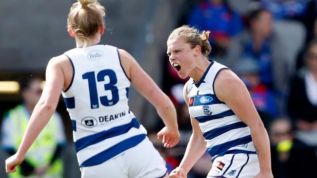 Chloe Scheer celebrates against the Western Bulldogs. Picture: Dylan Burns/AFL Photos via Getty Images