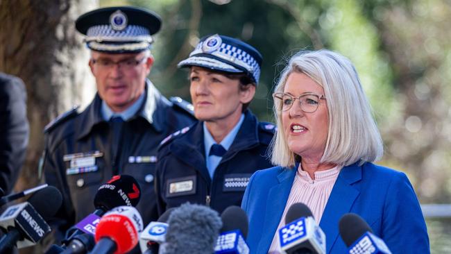 Yasmin Catley, NSW Minister for Police and Counter-terrorism (right), with Police Commissioner Karen Webb (centre). Picture: NCA NewsWire / Christian Gilles