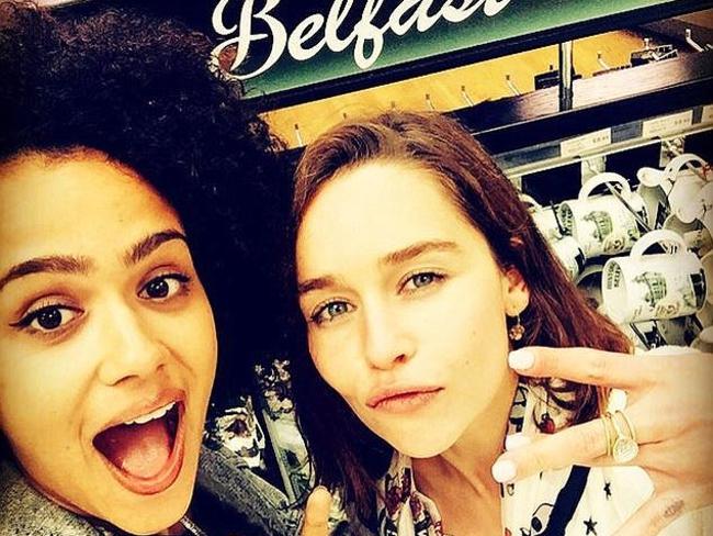 Game of Thrones actor Emilia Clarke tweets 'Well look who I ran into at a certain airport ready for a certain read through..?!' @nathalieemmanuel #seasonsixiscoming #buckleupkids #dragongliding'. Picture: Twitter