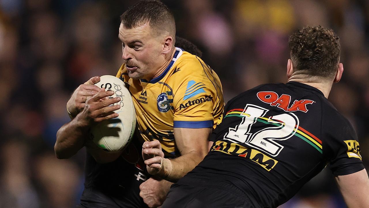 Clint Gutherson burst through a tackle in the Eels match against Penrith in May. Picture: Cameron Spencer/Getty Images