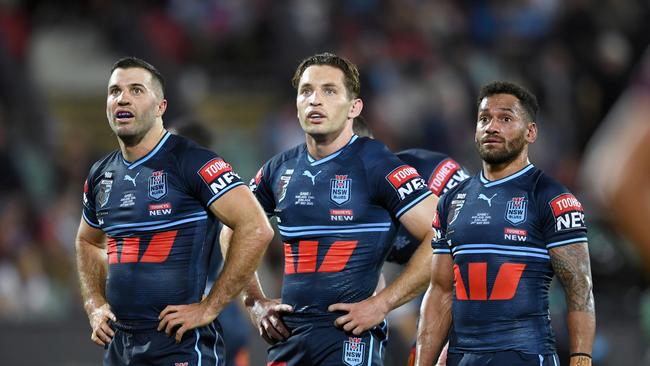 James Tedesco (left), Cameron Murray and Apisai Koroisau during the Game 1 defeat to Queensland. Picture: NRL Photos/Gregg Porteous