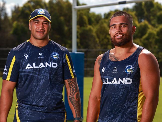 Daily Telegraph. 09, February, 2022.Parramatta Eels Marata Niukore and Isaiah Papali'i, in Kellyville, today.Picture: Justin Lloyd.