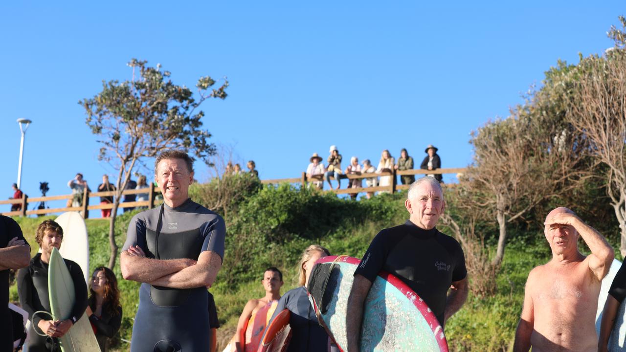 Members of the public took part in a paddle-out at Byron Bay's Main Beach to protest against the planned Netflix reality show Byron Baes on the morning of Tuesday, April 20, 2021. Picture: Liana Boss