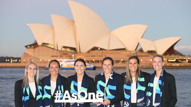 Ellie Carpenter (far left) was part of the Aussie and Kiwi contigent in Sydney on Friday.