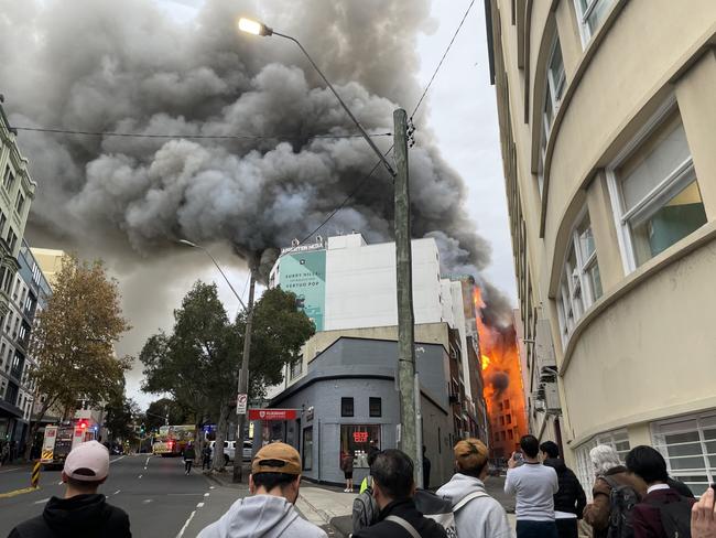 Huge plumes of smoke and flames seen at the Surry Hills building fire. Picture: Alexi Demetriadi