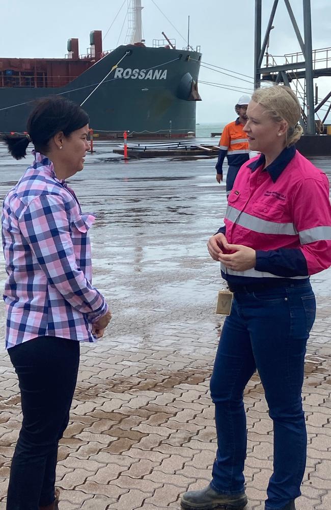 Chief Minister Natasha Fyles and DCM and Mining Minister Nicole Manison at the media event for the loading of direct shipping ore from Core Lithium’s Finniss Lithium Project. Behind them is the Rossana ship at Port of Darwin on Friday, December 30, 2022. Picture: Camden Smith