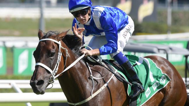 Hugh Bowman had plenty of time to pose for the cameras as Winx cruised to her 23rd straight win on Saturday in the Chipping Norton Stakes. Picture: Simon Bullard