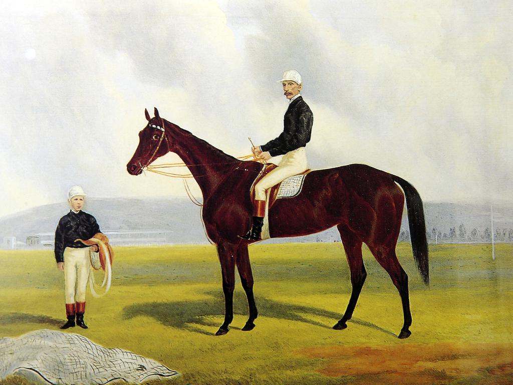 Racehorse Briseis is depicted in this painting being ridden by Tom Hales while Peter St Albans looks on. Picture: Peter Ristevski