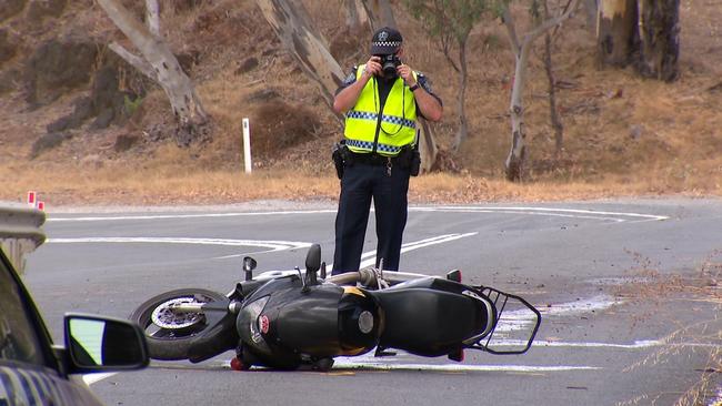 The scene of the fatal motorcycle crash at Brukunga in the Adelaide Hills. Picture: Nine News