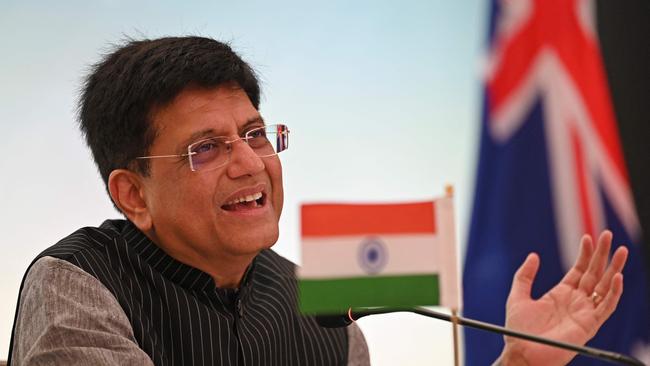 Piyush Goyal, India’s Minister for Commerce and Industry, after signing the trade deal with Australia last weekend. Picture: Sajjad Hussain / AFP