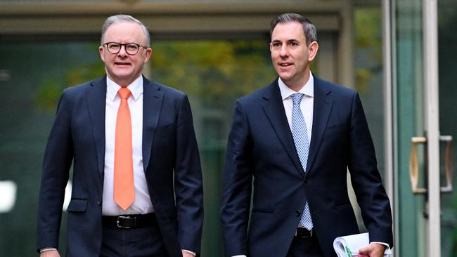 Anthony Albanese and Jim Chalmers arrive for post budget media interviews at Parliament. Picture: Getty