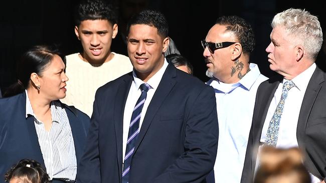 BRISBANE, AUSTRALIA - NewsWire Photos JUNE 3, 2025: Mr Tuiasau (centre) and supporters. Defence counsel Craig Eberhardt KC is on the far right. Picture: NewsWire / John Gass