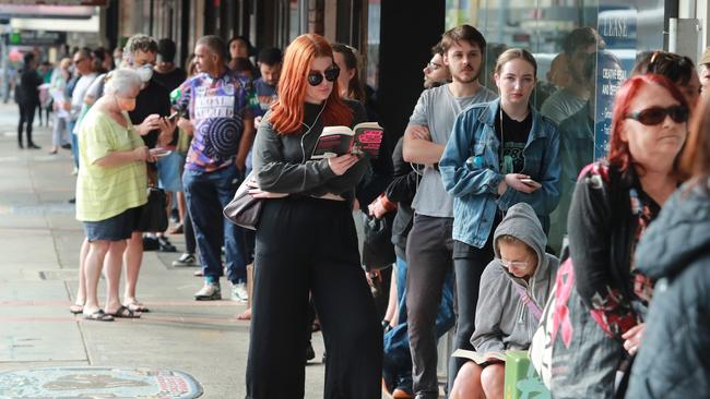 People queue outside Centrelink at Marrickville in Sydney’s inner west on Tuesday. Picture: John Feder