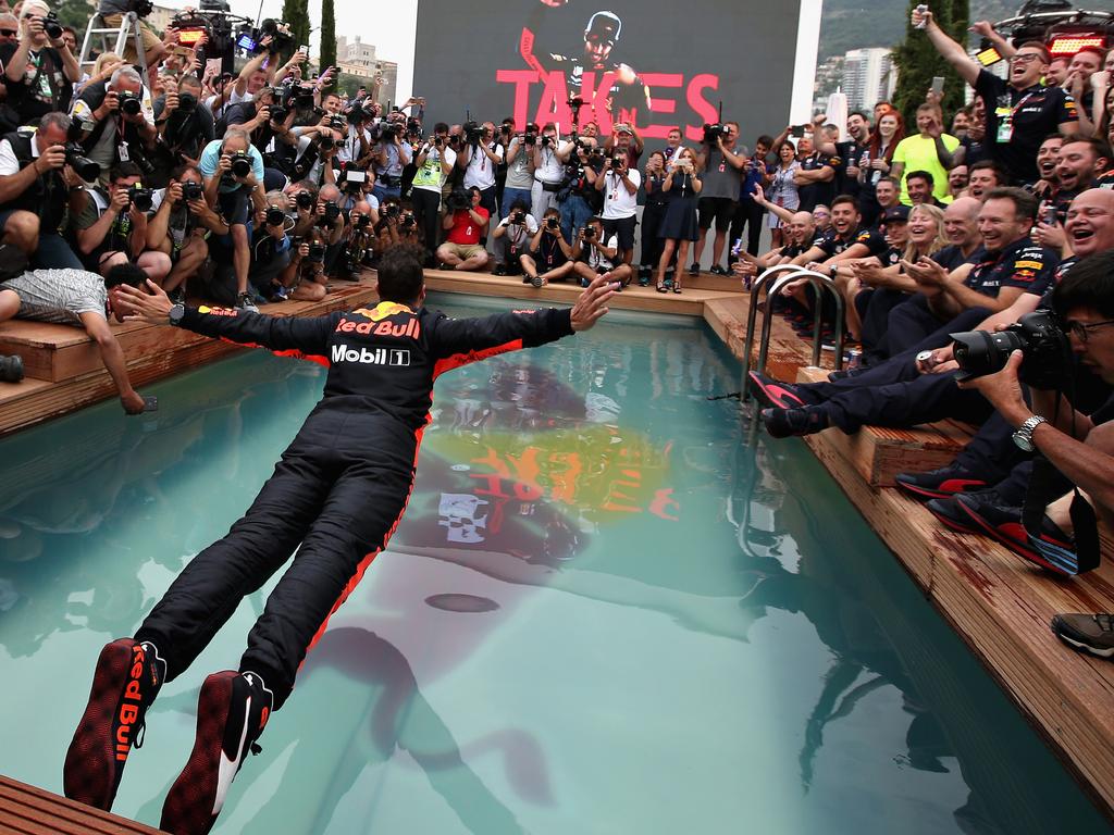 Ricciardo celebrated his win at the 2018 Monaco Formula One Grand Prix with a cool dip. Picture: Mark Thompson/Getty Images