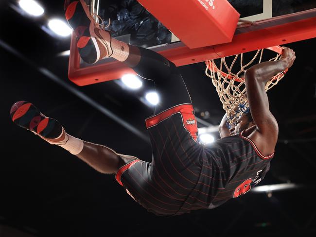 Gary Clark of the Illawarra Hawks slam dunks in the round 17 NBL clash against the New Zealand Breakers in Wollongong. Picture: Jenny Evans/Getty Images