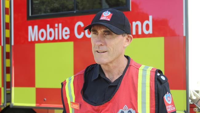 Fire and Rescue NSW Incident Commander Superintendent Greg Rankin updates the public on the train derailment at Nana Glen last week. Photo: Tim Jarrett