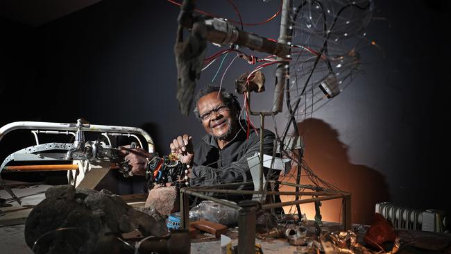 American artist Lonnie Holley is in Hobart for Dark Mofo to perform music and in his spare time will be conducting a series of workshops on making art from stuff that people would think of as junk or garbage. Picture: LUKE BOWDEN