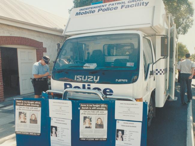 Claremont was flooded with police, night and day, in the weeks after Jane Rimmer vanished. A mobile police facility receives information from possible witnesses. Picture: Michelle Stanley/ Post Newspapers