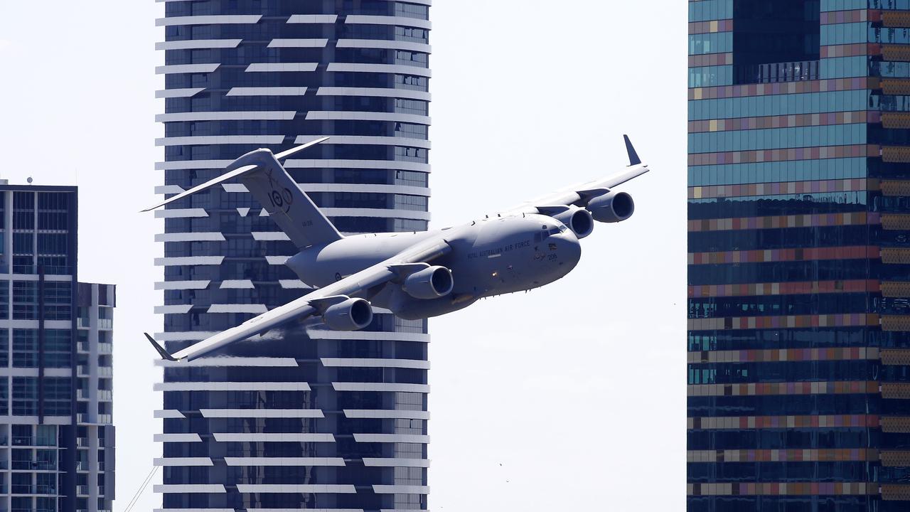 RAAF C-17 Globemaster pictured flying over Brisbane (from the Emporium Hotel) in preparation for its Riverfire Festival display this Saturday. Image/Josh Woning