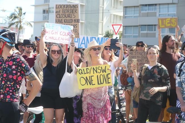 People in the Tweed are protesting the border restrictions. 22 August 2021 Coolangatta Picture by Richard Gosling
