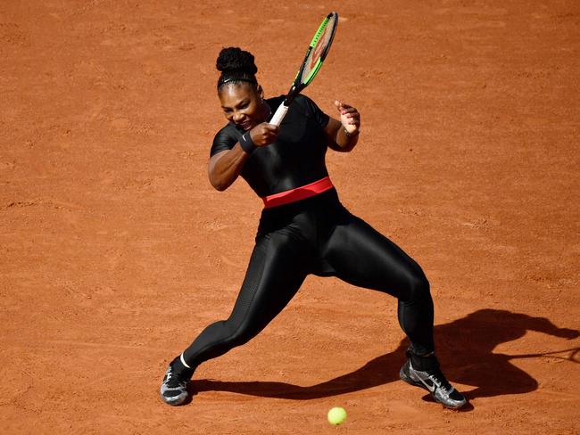 Serena Williams rocks her ‘catsuit’ at the French Open. Picture: AFP