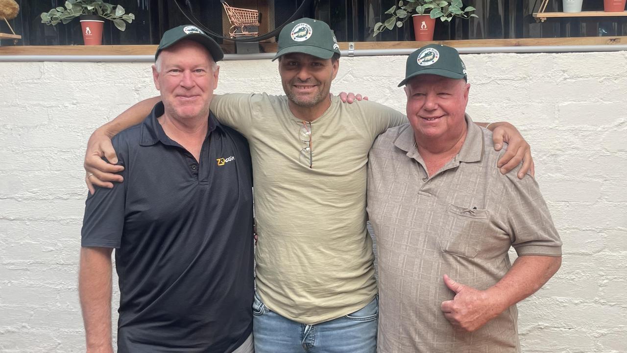 *EMBARGOED FOR SUNDAY PAPERS* Alligator Blood's seriously ill No.1 fan Marco Bramucci (centre) with former owner Allan Endresz (left) and current owner Jeff Simpson (right). Picture: Supplied
