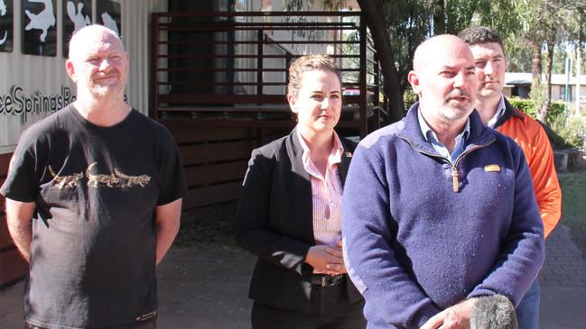 Alice Springs Reptile Centre director Rex Neindorf with CLP leader Lia Finocchiaro and CLP members Bill Yan and Josh Burgoyne. Picture: Gera Kazakov