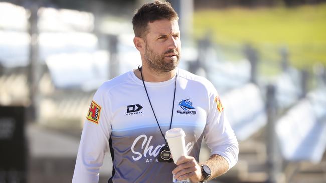 SYDNEY, AUSTRALIA - APRIL 15: Cronulla Sharks NRL interim Head Coach Josh Hannay arrives to speak to the media during a press conference at PointsBet Stadium on April 15, 2021 in Sydney, Australia. (Photo by Mark Evans/Getty Images)