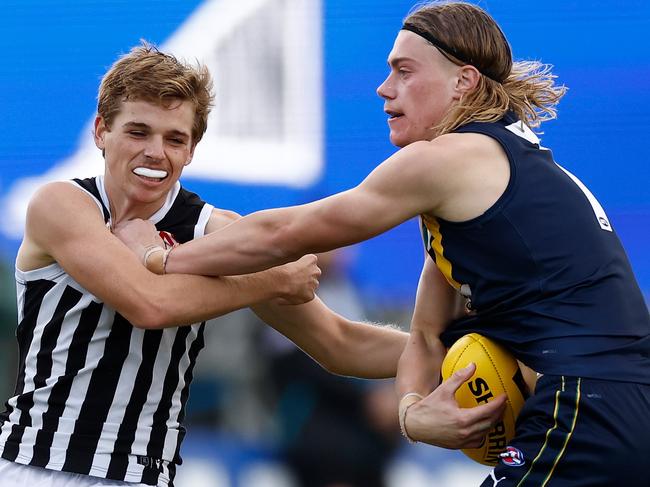 ADELAIDE, AUSTRALIA - APRIL 15: Harley Reid of the AFL Academy in action during the match between the AFL Academy and Port Adelaide Magpies at Summit Sports Park on April 15, 2023 in Adelaide, Australia. (Photo by Michael Willson/AFL Photos via Getty Images)