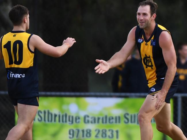 Travis Cloke celebrates a goal during his Northern Football League debut. Picture: James Ross