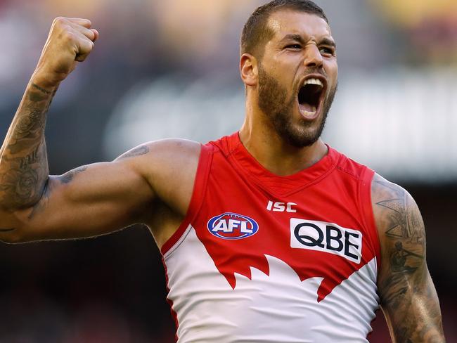 MELBOURNE, AUSTRALIA - MAY 20: Lance Franklin of the Swans celebrates a goal during the 2017 AFL round 09 match between the St Kilda Saints and the Sydney Swans at Etihad Stadium on May 20, 2017 in Melbourne, Australia. (Photo by Michael Willson/AFL Media/Getty Images)