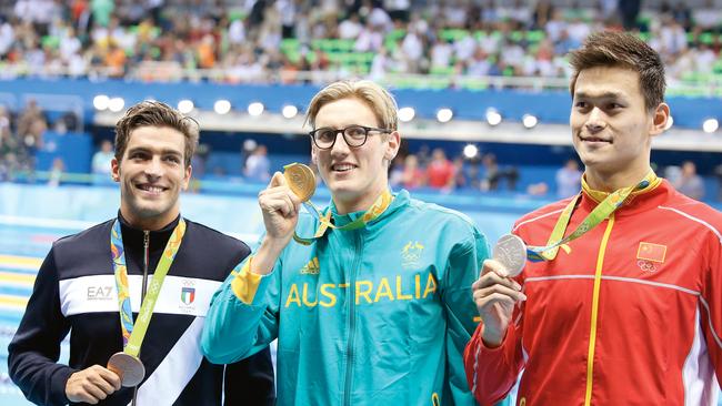 With bronze medalist Gabriele Detti of Italy and silver medalist Yang Sun during the medal ceremony for the Men's 400m Freestyle on day 1 of the Rio 2016 Olympic Games. (Pic: Jean Catuffe/Getty Images)