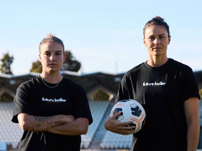 Matildas  Emily Gielnik and Chloe Logarzo have launched a new football clinic for young girls looking to grow their skills. Photo: Supplied