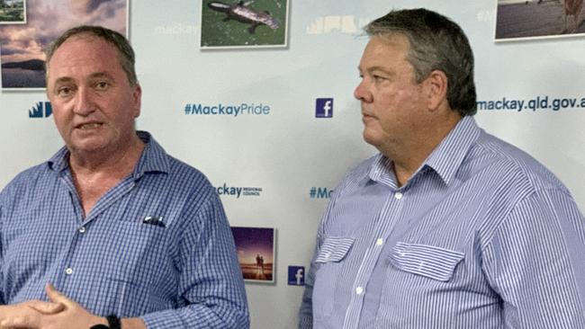 Dawson Nationals candidate/Whitsunday Mayor Andrew Willcox, pictured right, was out and about with Deputy Prime Minister Barnaby Joyce this week. Picture: Rae Wilson