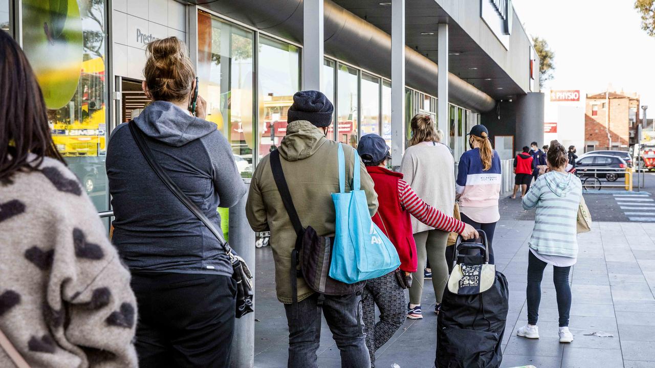 There were queues at Woolworths Melbourne at the weekend ahead of the stage 4 lockdown. Picture: Nicole Cleary