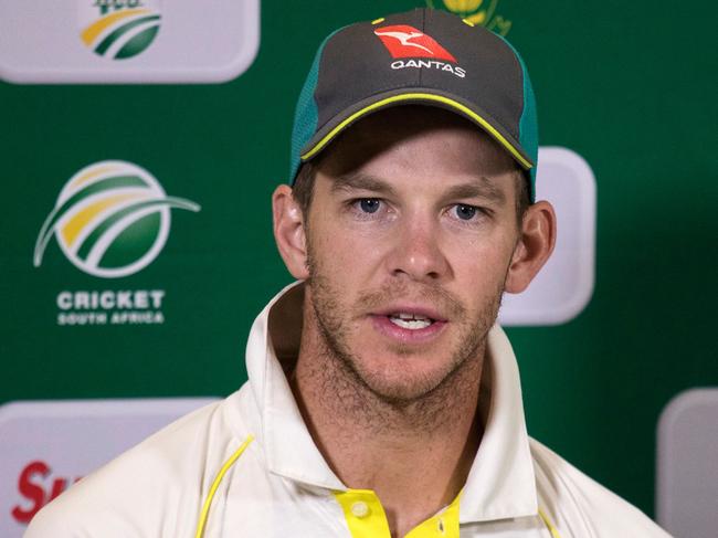 Australian Captain Tim Paine gives a press conference at the end of the third Test cricket match between South Africa and Australia won by South Africa at Newlands cricket ground on March 25, 2018 in Cape Town, South Africa. / AFP PHOTO / GIANLUIGI GUERCIA