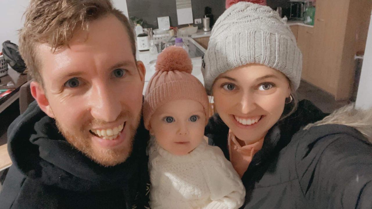 Sienna Robbins, pictured with dad Levi and mum Dannielle, is in Adelaide’s Women's and Children's Hospital after suffering, third degree burns in a freak accident. Picture: Supplied by family.