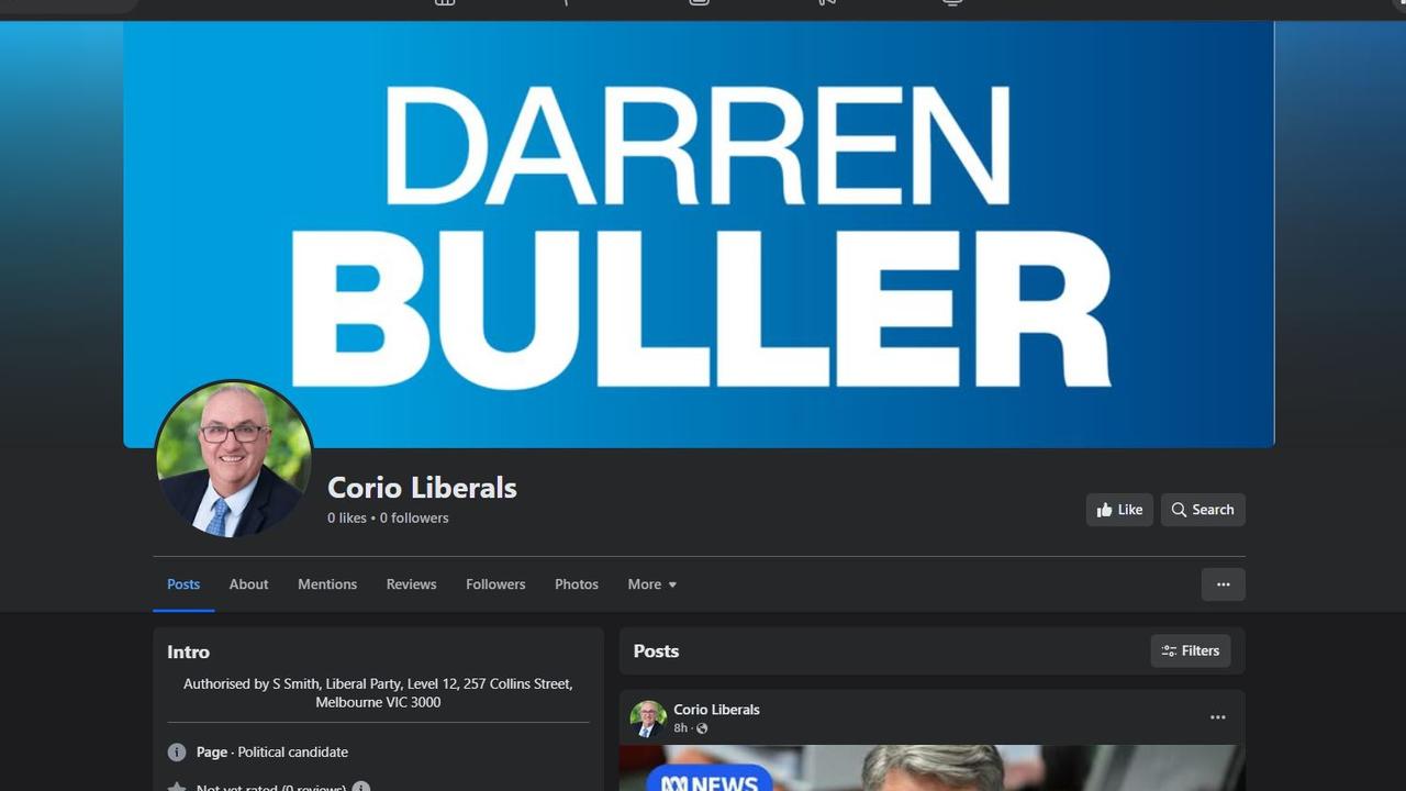 A Facebook page promoting the Liberal Party's Corio candidate Darren Buller was deleted less than 24 hours after it was created.