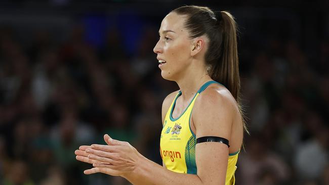 MELBOURNE, AUSTRALIA - OCTOBER 12: Cara Koenen of Australia reacts during game one of the 2023 Constellation Cup series between Australia Diamonds and New Zealand Silver Ferns at John Cain Arena on October 12, 2023 in Melbourne, Australia. (Photo by Daniel Pockett/Getty Images)