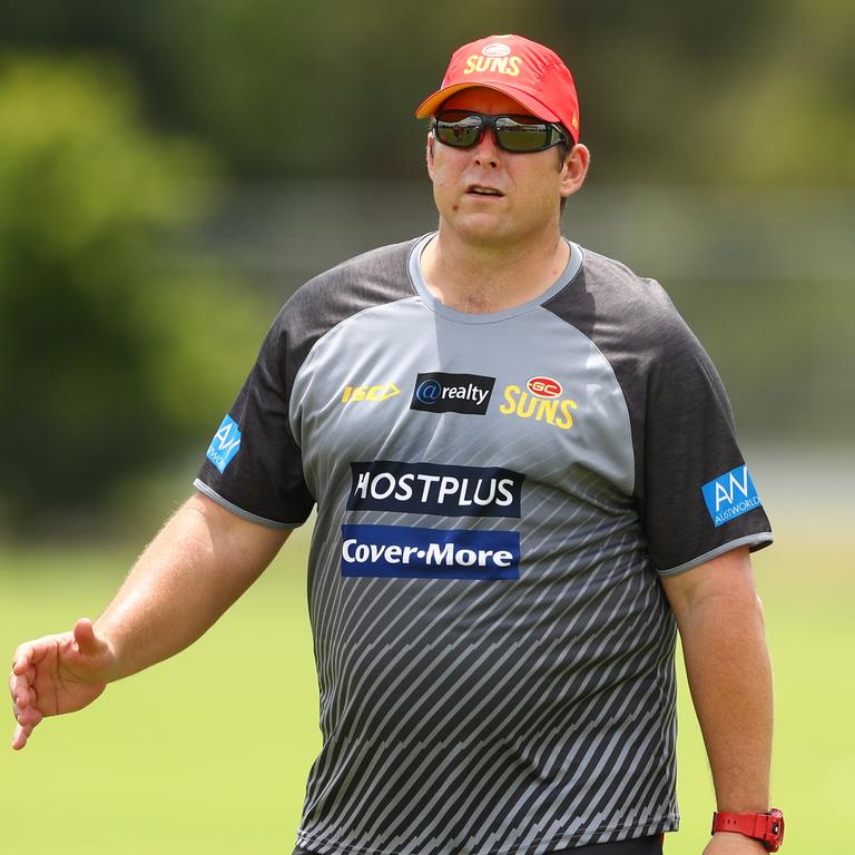 Coach Stuart Dew looks on during a Gold Coast Suns AFL media and training session at Metricon Stadium on November 04, 2019 in Gold Coast, Australia. (Photo by Chris Hyde/Getty Images)