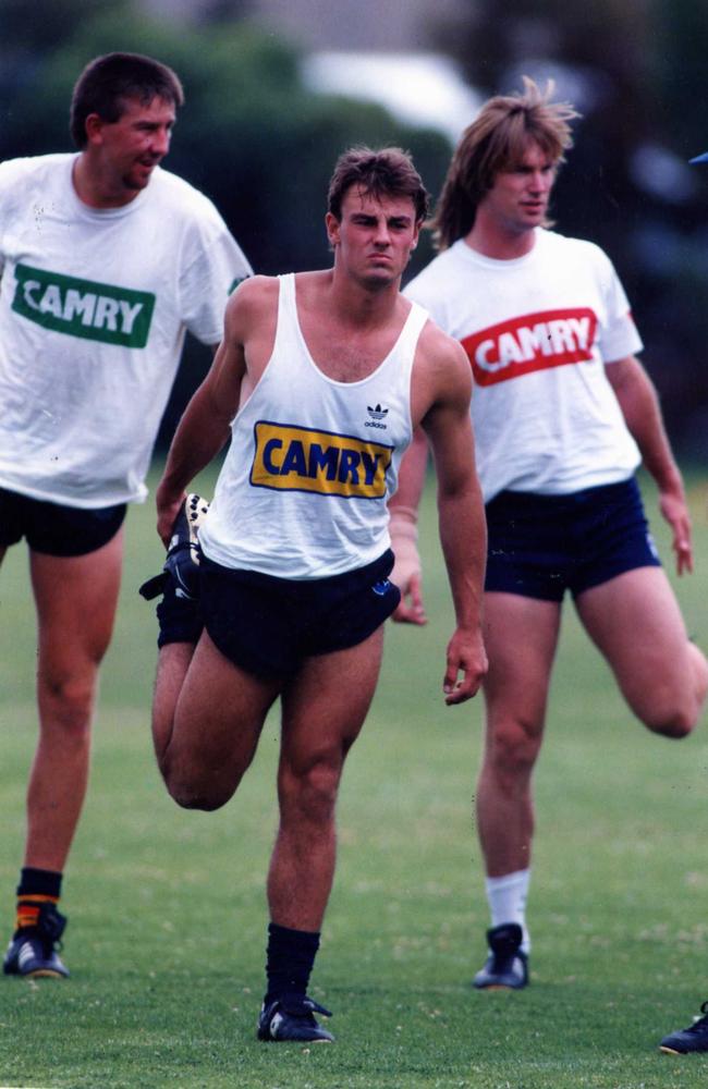 Shaun Rehn, Tony McGuinness and Greg Anderson at Crows training in 1994. Picture: Ray Titus.