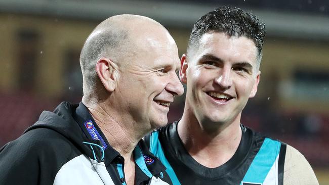 AFL - Saturday, 12th September, 2020 - Port Adelaide v Essendon at the Adelaide Oval. Port Adelaide coach Ken Hinkley and Port Adelaide's Tom Rockliff after the win Picture: Sarah Reed