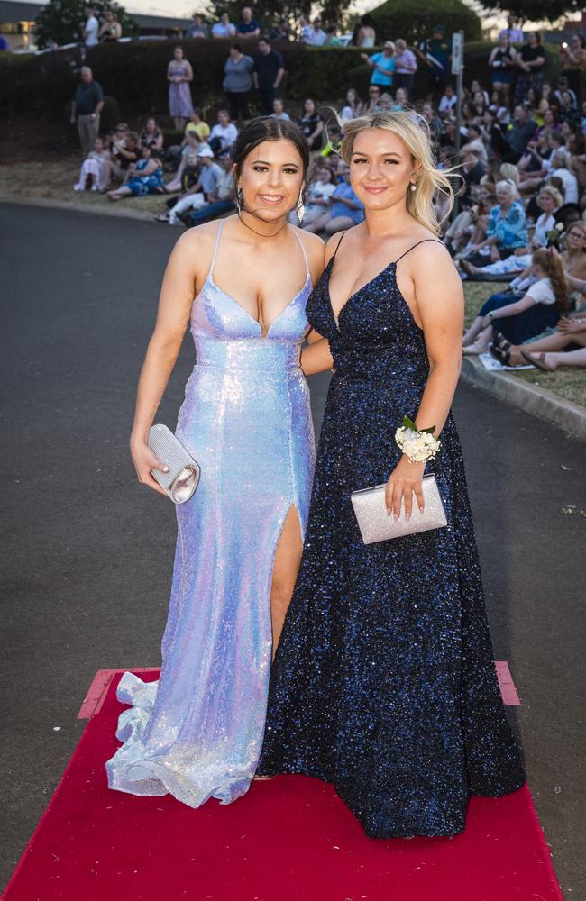 Bonita Waters (left) and Lilly Connors at Harristown State High School formal at Highfields Cultural Centre, Friday, November 17, 2023. Picture: Kevin Farmer