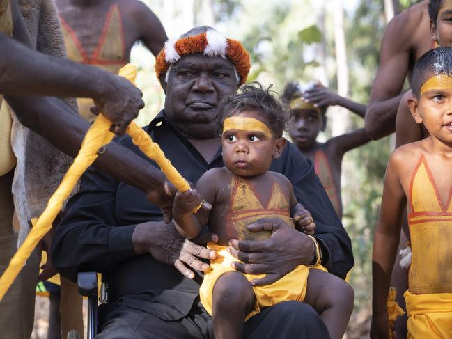 Yunupingu with Gumatj boys at Garma 2019. Yunupingu died April 3, 2023. Picture: Peter Eve *PICTURE APPROVED FOR USE FOR TRIBUTES