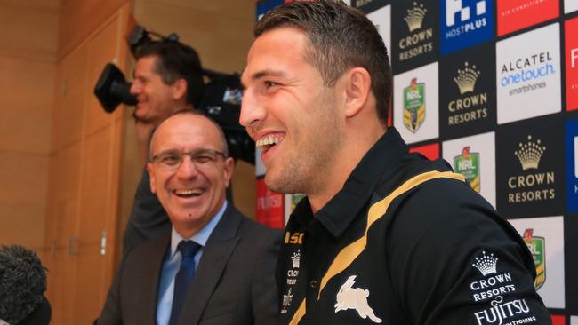 John Lee, pictured with Sam Burgess, during his tenure at South Sydney Rabbitohs boss. Picture: Mark Evans