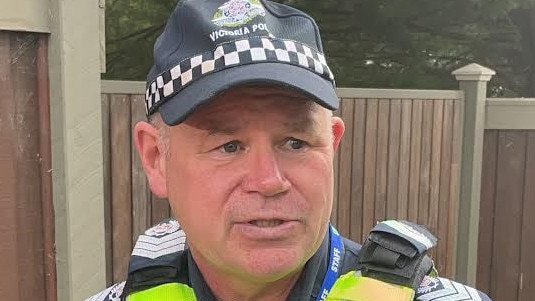 Boronia police Senior Sergeant Jeffrey Gooden speaks to the media following Tuesday’s explosion in Mahony St, Upwey.