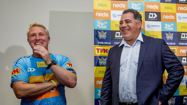 Mal Meninga has a laugh with Titans' head coach Garth Brennan. Picture: Jerad Williams