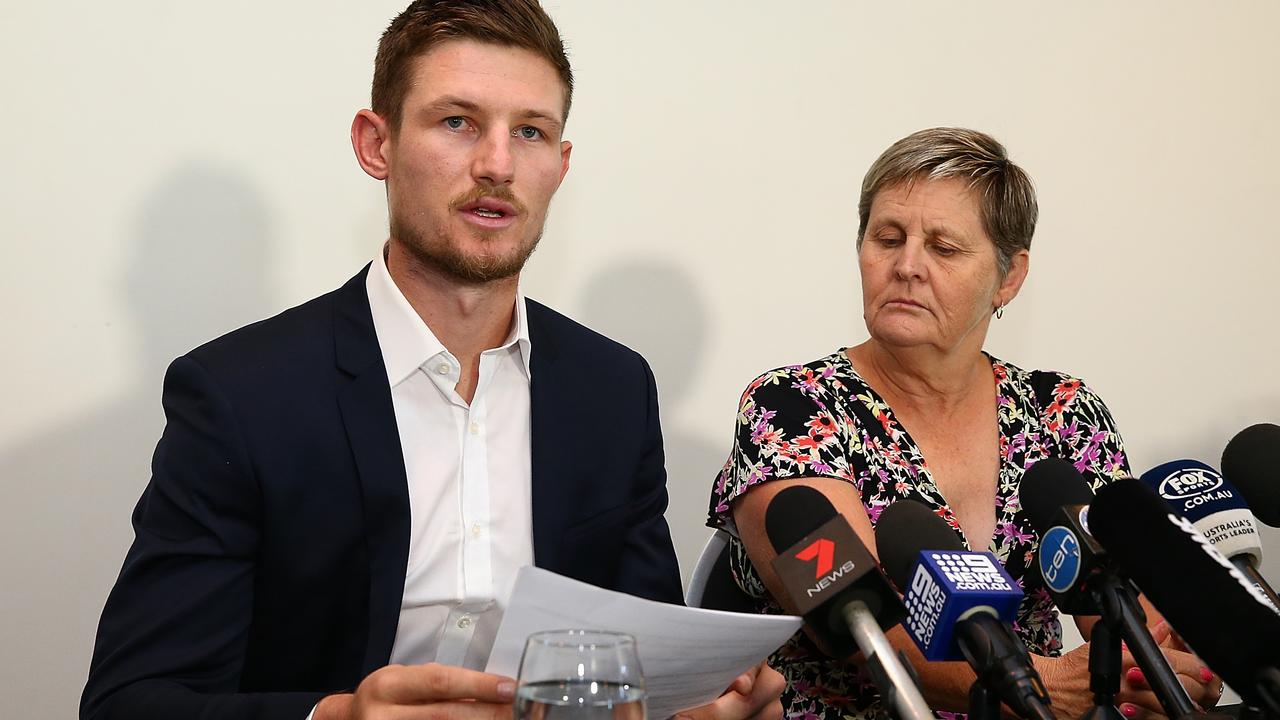 PERTH, AUSTRALIA - MARCH 29: Australian test Cricket player Cameron Bancroft addresses the media with WACA CEO Christina Matthews at the WACA on March 29, 2018 in Perth, Australia. Bancroft returns home to Perth after being banned by Cricket Australia following his part in the ball tampering scandal in South Africa. (Photo by Paul Kane/Getty Images)