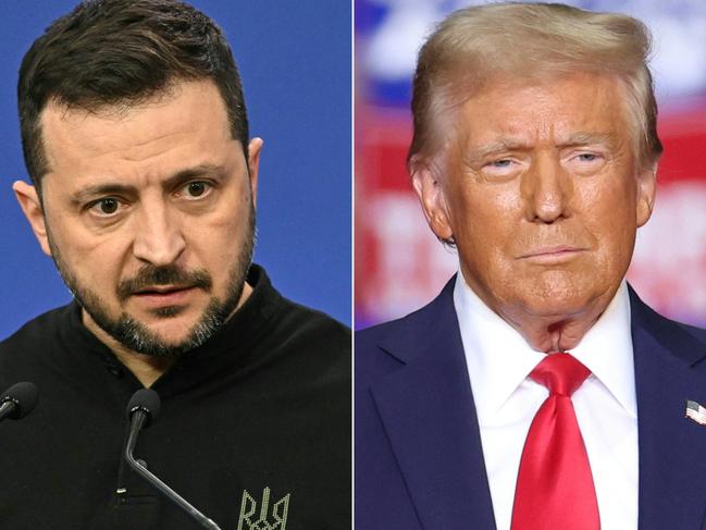 (COMBO) This combination of pictures created on November 15, 2024 shows Ukraine's President Volodymyr Zelensky (L) giving a press conference at the European Political Community Summit in Budapest, Hungary, on November 7, 2024 and former US President and Republican presidential candidate Donald Trump looking on during a campaign rally at PPG Paints Arena in Pittsburgh, Pennsylvania on November 4, 2024.. Ukrainian President Voldymyr Zelensky said on November 15, 2024 that Russia's war against his country will 