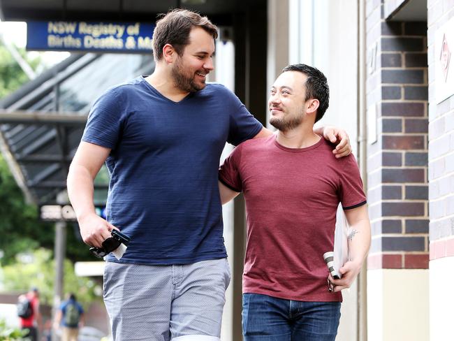 Daniel Barnett and Daniel Gray-Barnett at the Births Deaths and Marriages office in Sydney in December 2017. They were among the first in Australia to lodge a notice of intended marriage when same-sex marriage became legal. Picture: Tim Hunter.